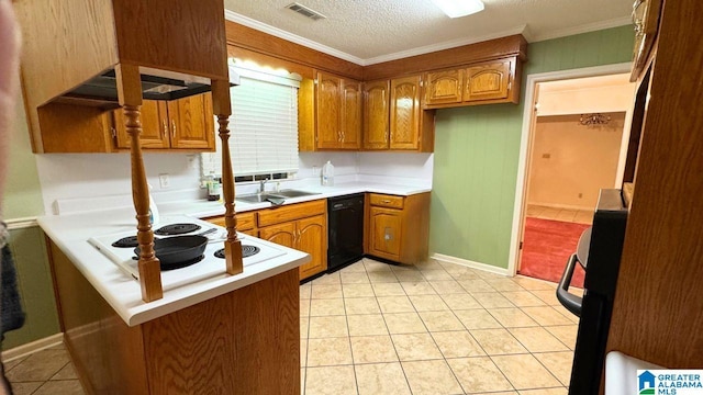 kitchen featuring crown molding, a textured ceiling, light tile patterned floors, white electric stovetop, and dishwasher