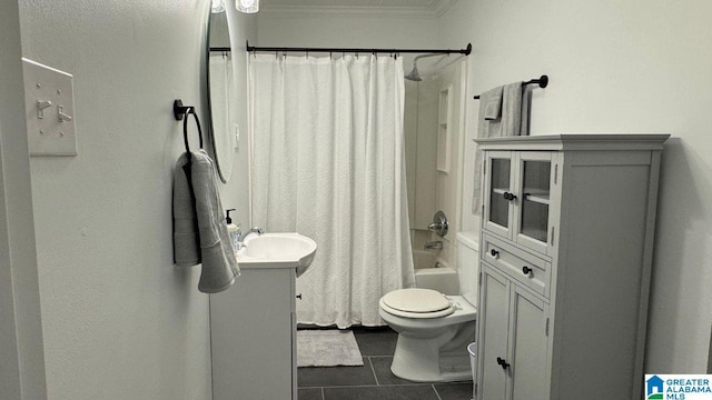 65 Wooley Rd, Brent, AL 35034 - full bath with tile patterned flooring, vanity, toilet, ornamental molding, and shower / bathtub combination with curtain