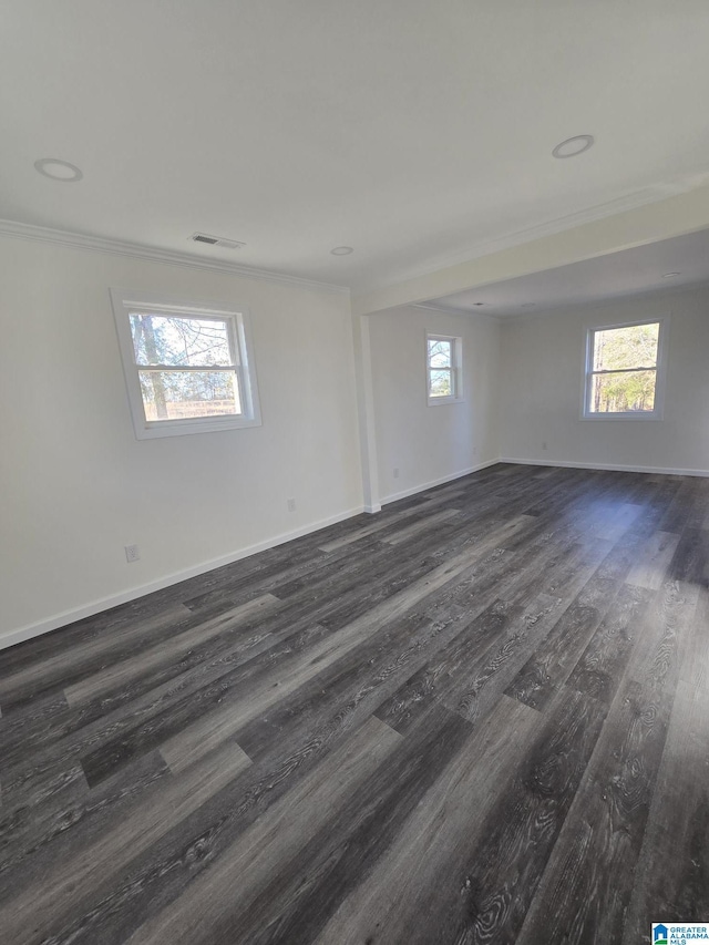 spare room featuring ornamental molding and dark hardwood / wood-style floors