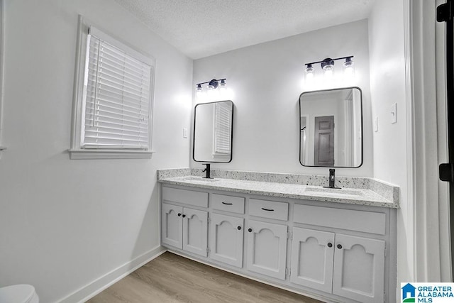 bathroom with vanity, hardwood / wood-style floors, and a textured ceiling