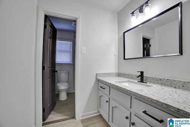 bathroom with vanity, toilet, and hardwood / wood-style floors