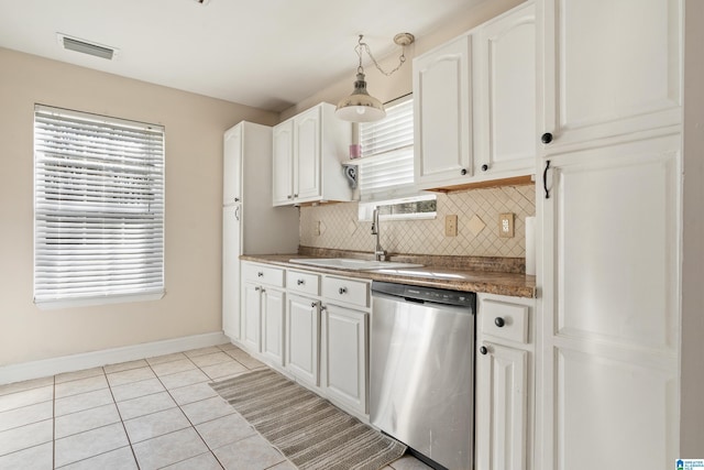 kitchen featuring backsplash, stainless steel dishwasher, sink, and white cabinets