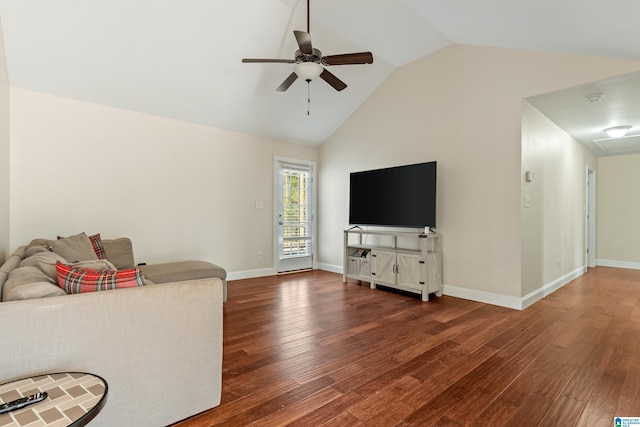 living room featuring ceiling fan, dark hardwood / wood-style floors, and vaulted ceiling