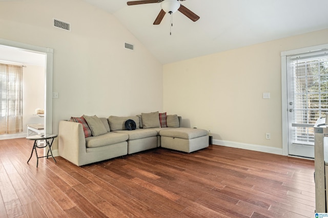 living room featuring ceiling fan, high vaulted ceiling, and hardwood / wood-style floors