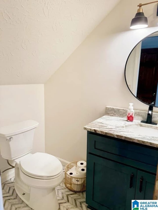 bathroom with vanity, lofted ceiling, and toilet