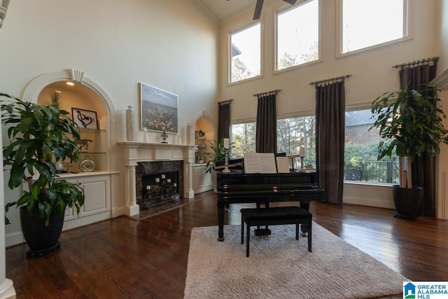 miscellaneous room featuring built in shelves, a fireplace, dark hardwood / wood-style floors, and a towering ceiling