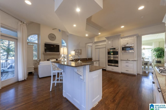 kitchen with a breakfast bar area, white cabinetry, dark hardwood / wood-style flooring, stainless steel appliances, and a large island