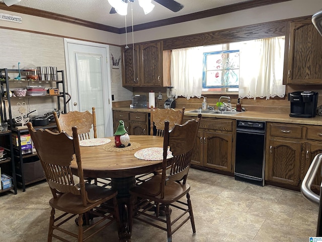 kitchen featuring crown molding, ceiling fan, sink, and dark brown cabinets