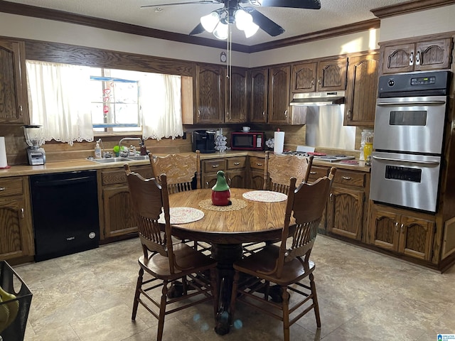 kitchen featuring stainless steel appliances, crown molding, sink, and dark brown cabinetry