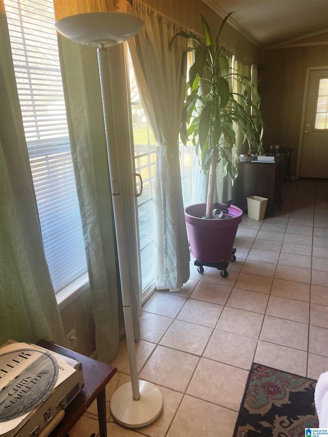 bathroom featuring crown molding, a healthy amount of sunlight, and tile patterned floors