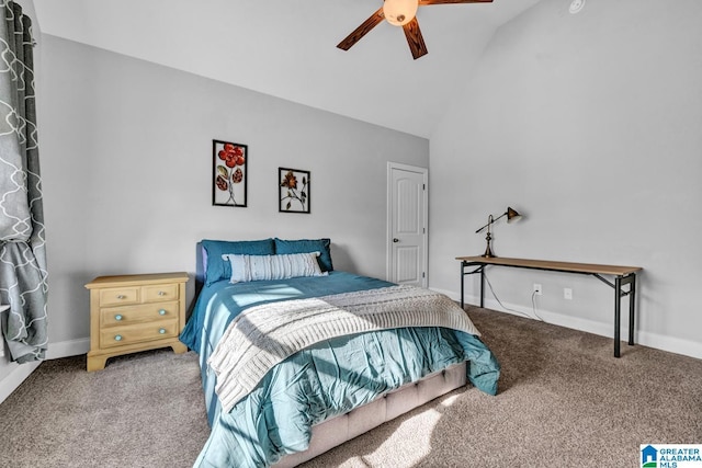 bedroom featuring ceiling fan, lofted ceiling, and carpet