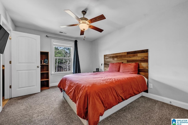 bedroom featuring ceiling fan and carpet floors