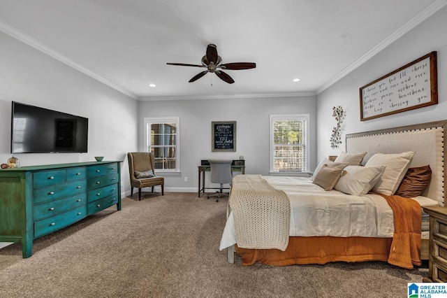 bedroom featuring ceiling fan, ornamental molding, and carpet flooring