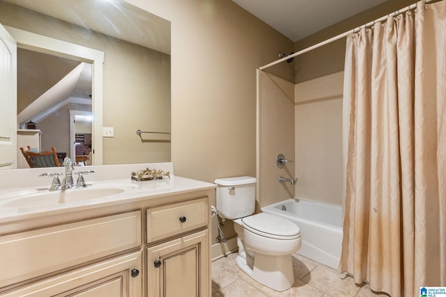 full bathroom featuring tile patterned flooring, vanity, toilet, and shower / bathtub combination with curtain