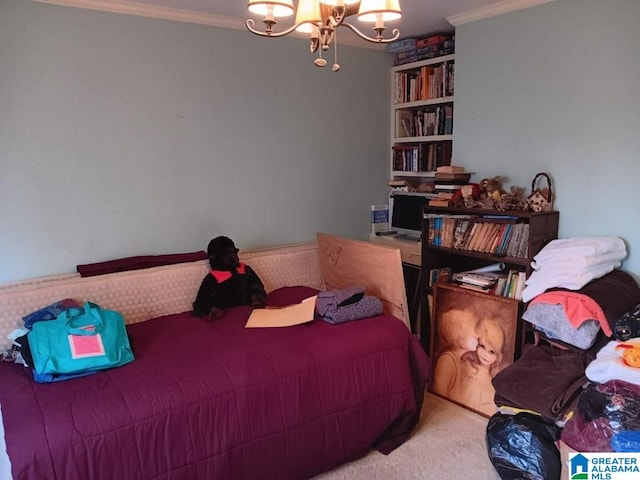 carpeted bedroom featuring crown molding and a chandelier