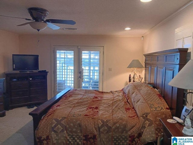 carpeted bedroom featuring ornamental molding, access to outside, and ceiling fan