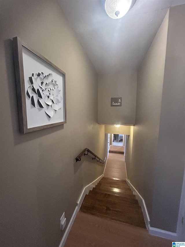 staircase with hardwood / wood-style flooring