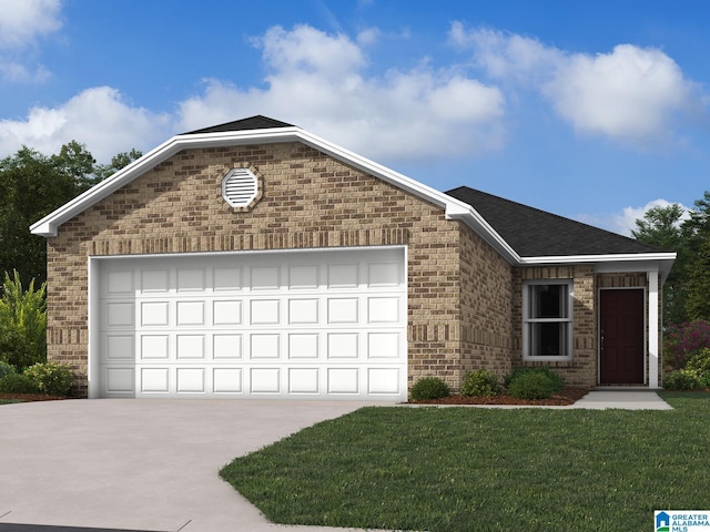 ranch-style house with a garage, a front yard, concrete driveway, and brick siding