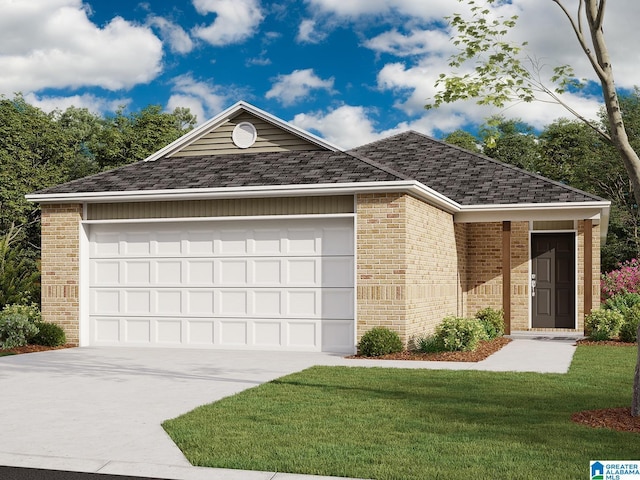 ranch-style home with a garage and a front yard