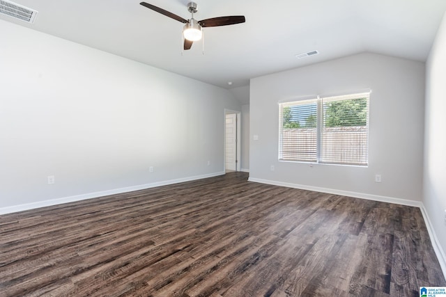 unfurnished room featuring dark wood-type flooring, ceiling fan, and lofted ceiling