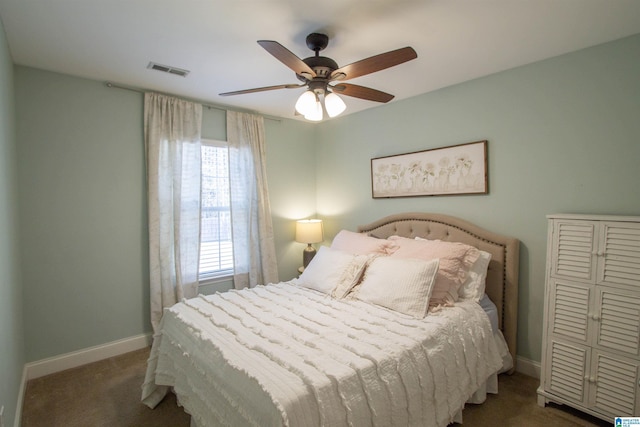 carpeted bedroom featuring ceiling fan