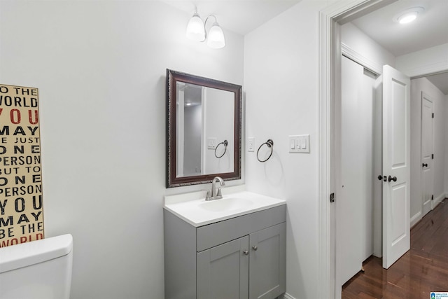 bathroom featuring vanity, wood-type flooring, and toilet