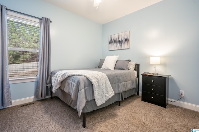 carpeted bedroom with multiple windows and ceiling fan