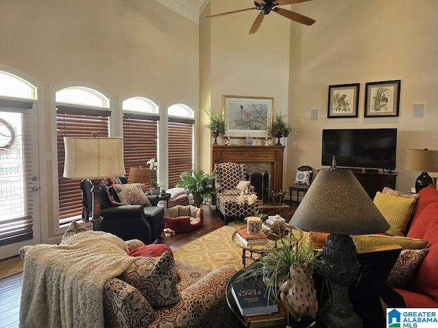 living room featuring a towering ceiling, ceiling fan, and hardwood / wood-style flooring