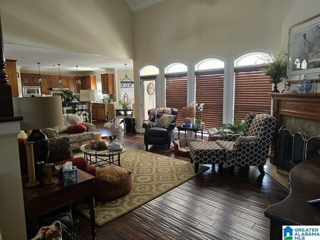 living room featuring dark wood-type flooring, a high end fireplace, and a high ceiling