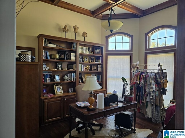 office featuring coffered ceiling, a towering ceiling, dark hardwood / wood-style floors, and beamed ceiling