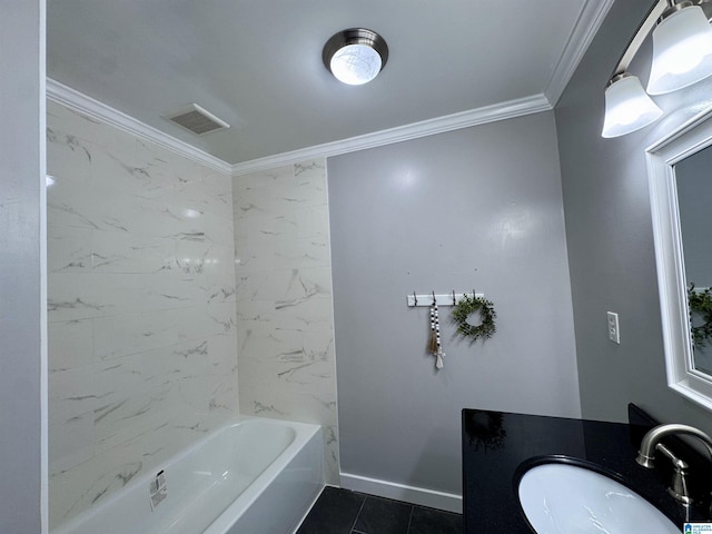 bathroom featuring tile patterned flooring, crown molding, and vanity