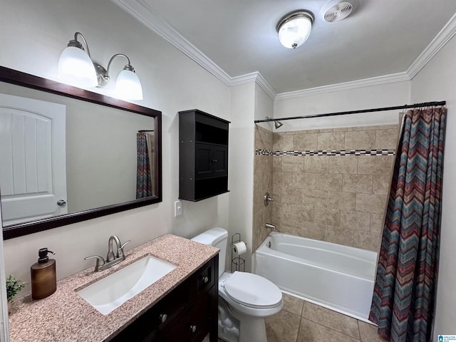 full bathroom with shower / tub combo, vanity, ornamental molding, tile patterned floors, and toilet