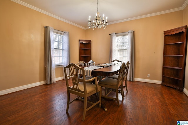 dining space with dark hardwood / wood-style flooring, crown molding, and plenty of natural light