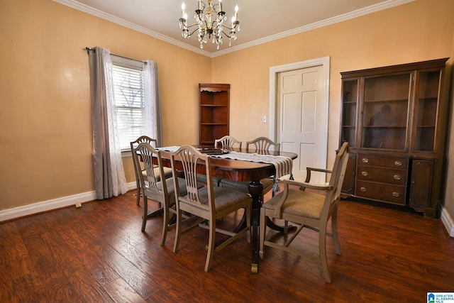 dining area featuring dark hardwood / wood-style flooring, a notable chandelier, and ornamental molding