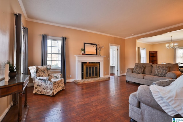 living room featuring an inviting chandelier, a fireplace, dark hardwood / wood-style flooring, and crown molding