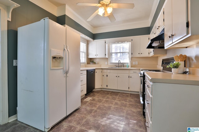 kitchen with sink, dishwasher, white fridge with ice dispenser, electric stove, and white cabinets