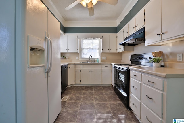 kitchen with sink, white cabinetry, crown molding, ceiling fan, and black appliances