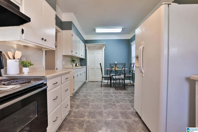 kitchen featuring ventilation hood, white cabinetry, white refrigerator with ice dispenser, and black / electric stove