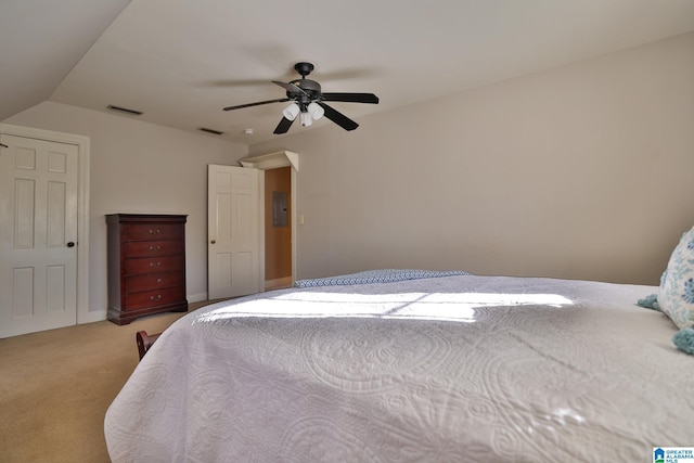 bedroom featuring ceiling fan and light colored carpet