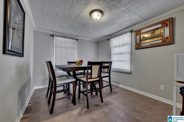 dining space with crown molding and a textured ceiling