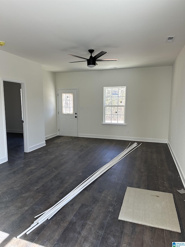 entrance foyer featuring dark wood-type flooring and ceiling fan