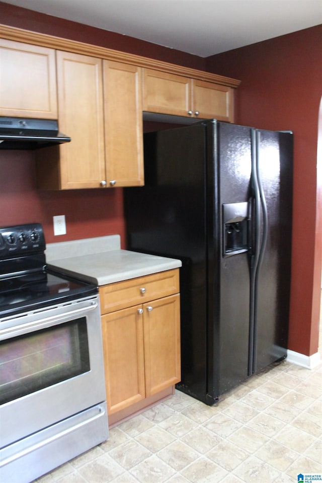 kitchen with black fridge with ice dispenser and stainless steel range with electric cooktop