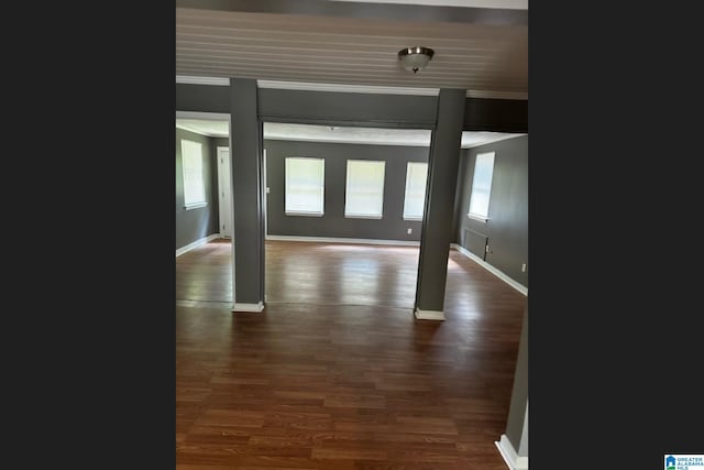 doorway with crown molding and dark hardwood / wood-style flooring