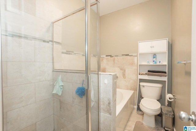 bathroom with tile walls, tile patterned flooring, independent shower and bath, and toilet