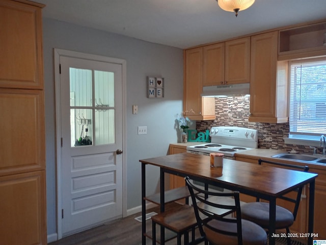 kitchen with sink, light brown cabinets, dark hardwood / wood-style flooring, white range with electric stovetop, and backsplash