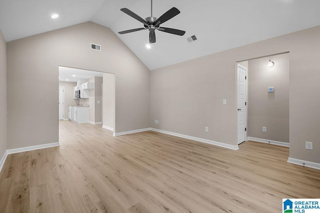 unfurnished living room with high vaulted ceiling, ceiling fan, and light hardwood / wood-style flooring