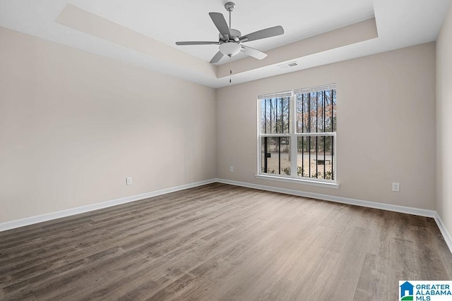 spare room featuring a raised ceiling and wood-type flooring