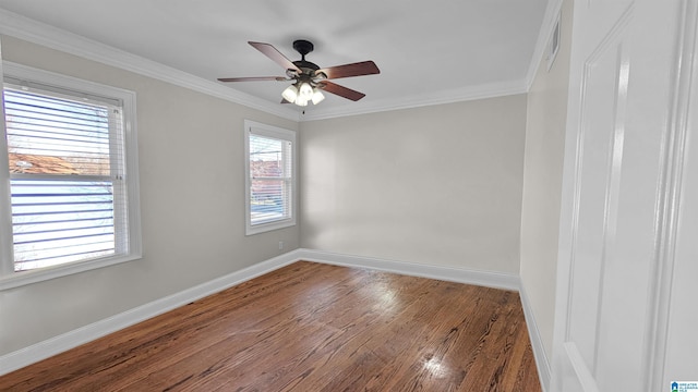 unfurnished room with crown molding, hardwood / wood-style floors, and ceiling fan