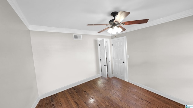 unfurnished room with ceiling fan, ornamental molding, and wood-type flooring