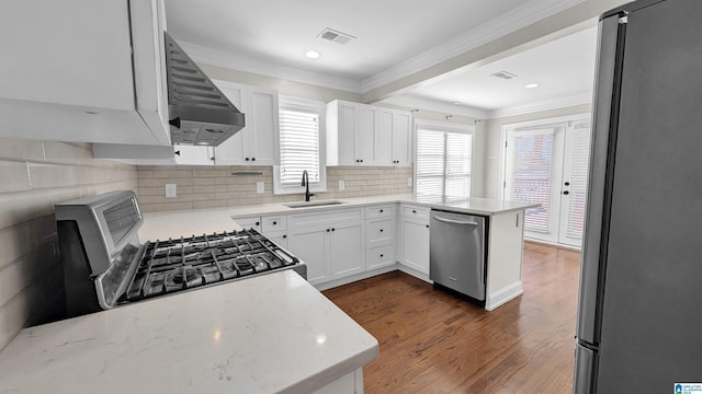 kitchen featuring sink, dark hardwood / wood-style flooring, custom range hood, stainless steel appliances, and white cabinets